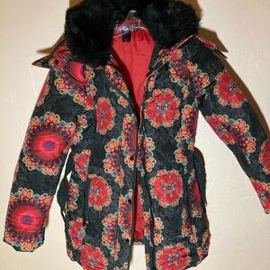 Desigual Black and Red Girls Puffer Coat with Floral Pattern and Fur Trim